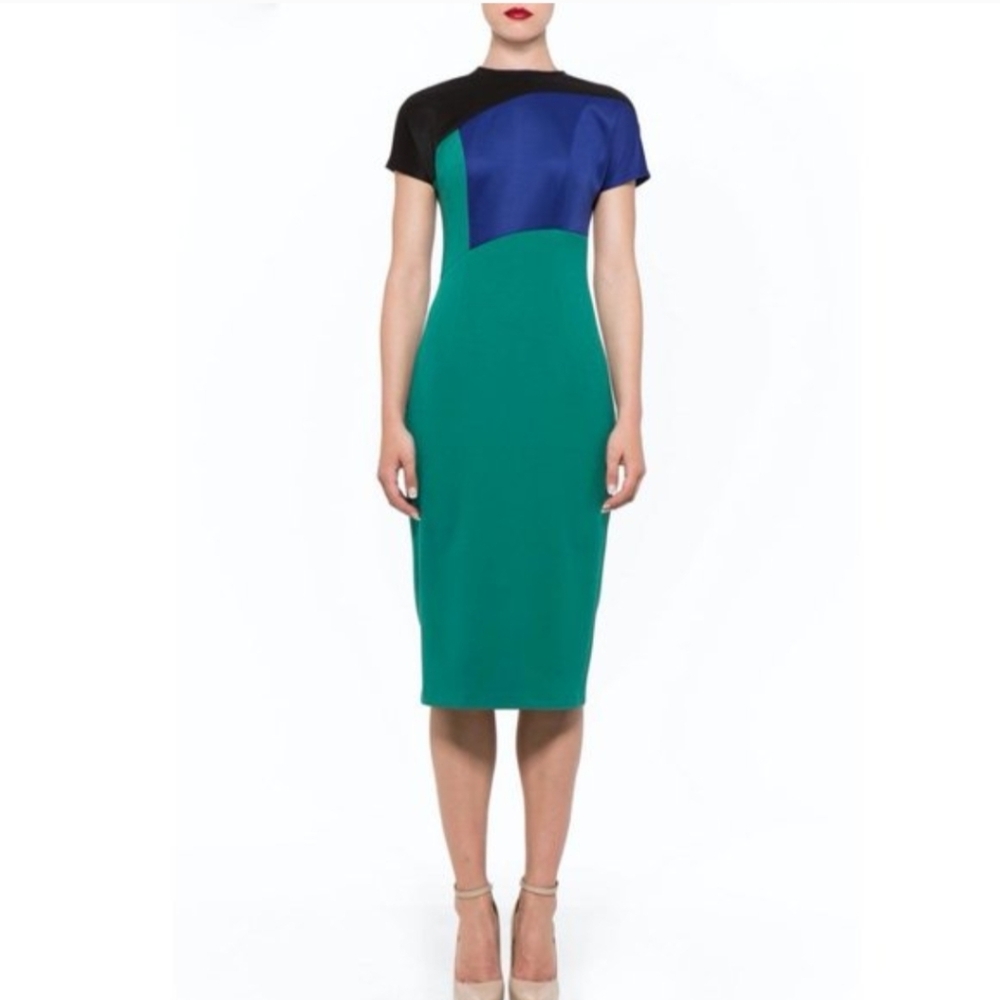 Alexia Admor Color Block Pencil Dress XS Sheath Green Blue Black Neoprene